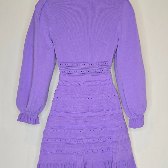 Sandro Ombre Balloon-sleeved V-neck Stretch-knit Mini Dress in Violet, NWT - Picture 4 of 7